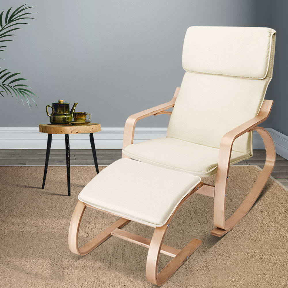 ARMCHAIR-STOOL-BG-202502281212-00 Artiss Rocking Armchair Footstool Bentwood Beige - Image 1