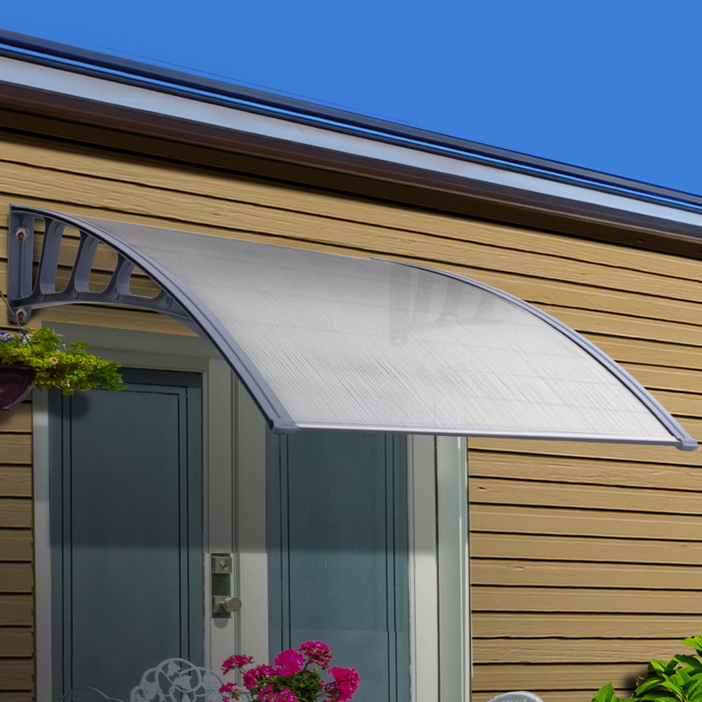 AWN-15X2-CLR-20221-07 Instahut Window Door Awning Canopy 1.5mx2m Transparent Sheet Grey Plastic Frame - Image 1