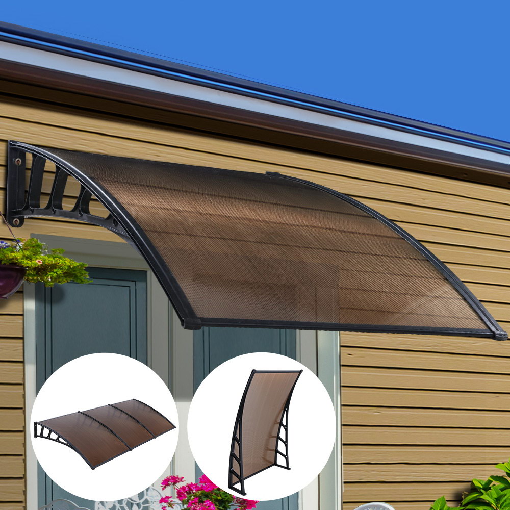 AWN-15X3-BR-20226-07 Instahut Window Door Awning Canopy 1.5mx3m Brown Sheet Black Plastic Frame - Image 1