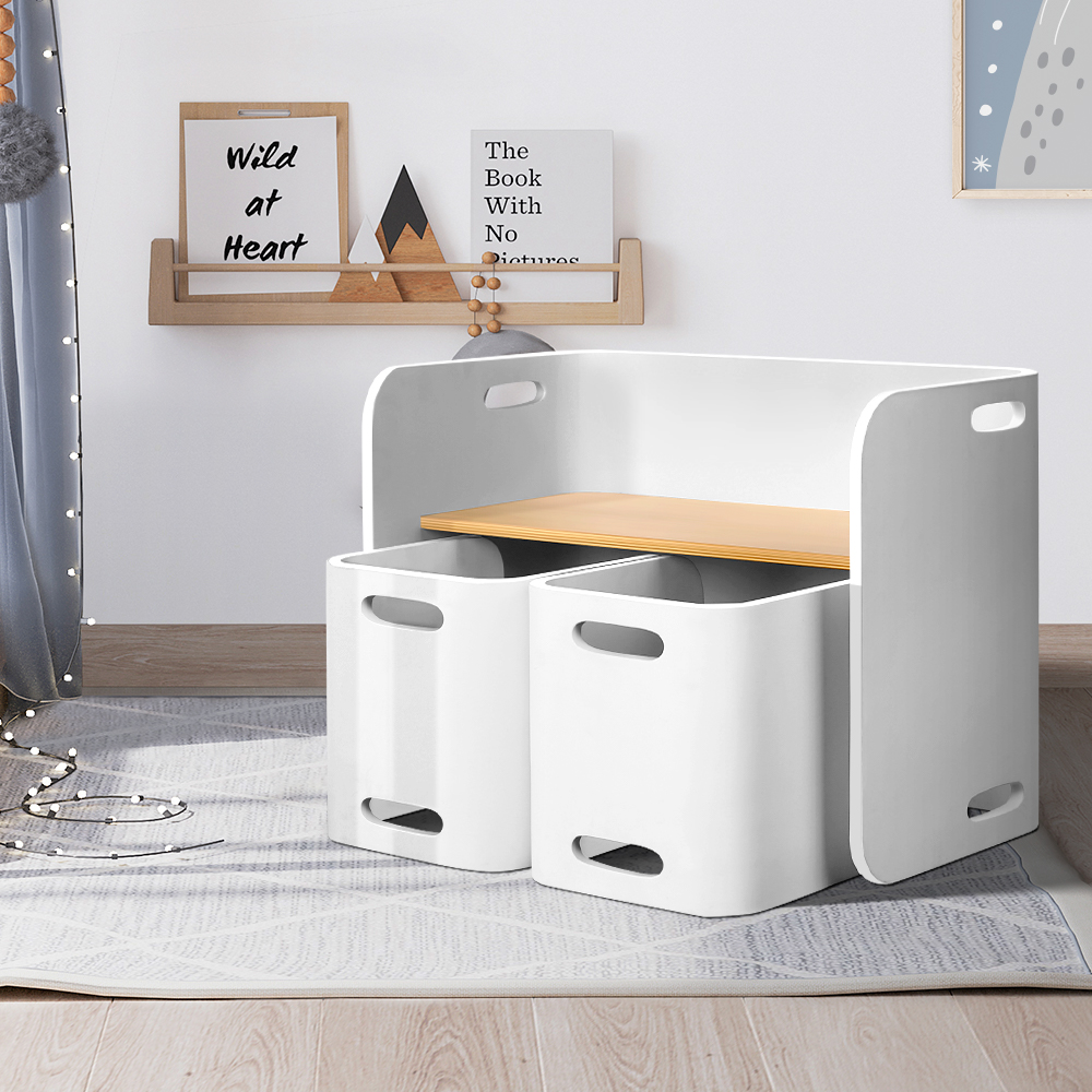 BENT-B-KID-TAB03-NT-WH-202502281148-00 Keezi 3PCS Kids Table and Chairs Set Multifunctional Storage Desk White - Image 1