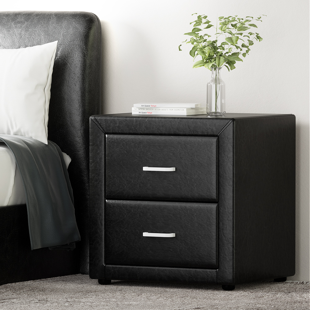 BFRAME-E-BSIDE-BK-8277-07 Artiss Bedside Table 2 Drawers Side Table Leather - CADEN Black - Image 1