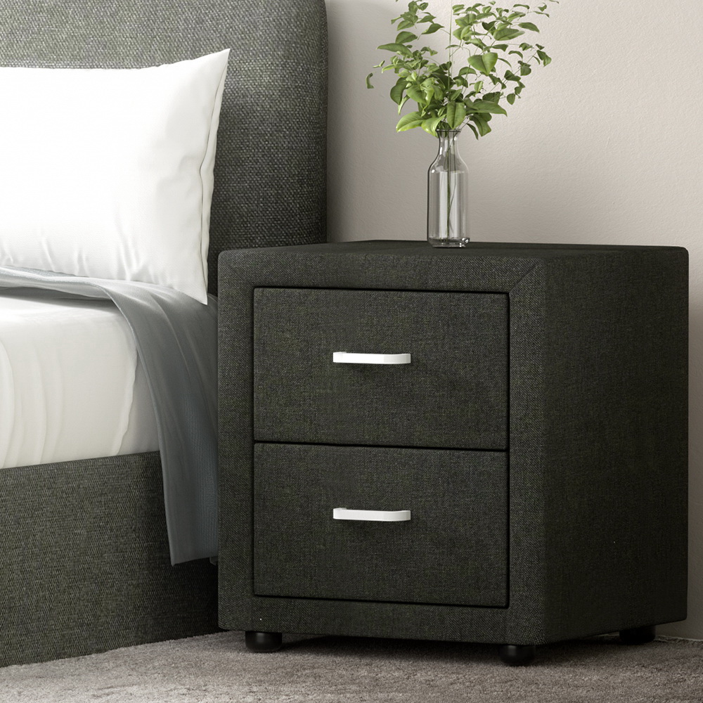 BFRAME-E-BSIDE-CHAR-14721-07 Artiss Bedside Table 2 Drawers Fabric - CADEN Charcoal - Image 1