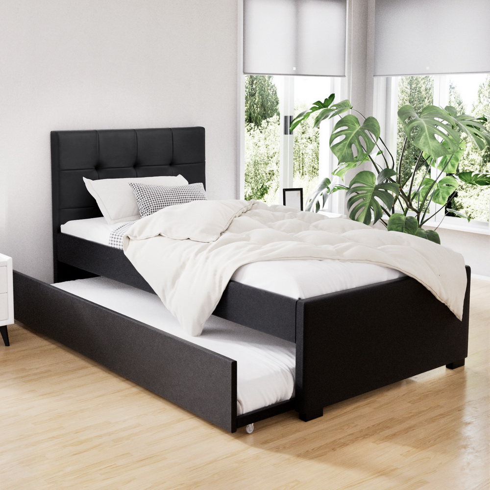 BFRAME-H-TRUN-KS-BK-ABC-21637-06 Artiss Bed Frame King Single Size Trundle Daybed Black - Image 1