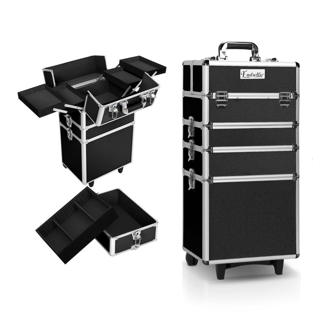 CASE-MU-4T-081-BK-00 Embellir Makeup Case Beauty Trolley Cosmetic Organiser Box Travel Wheels Black - Image 1