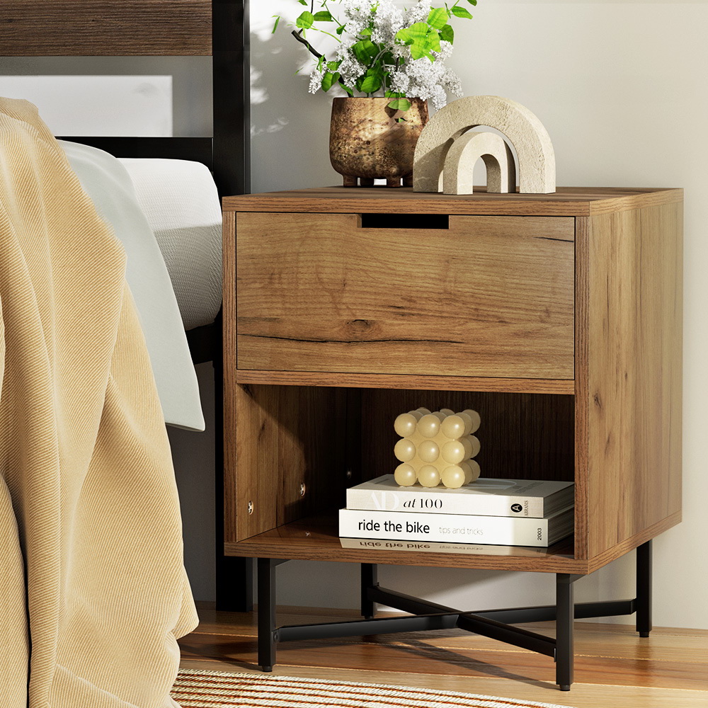 DRESS-D-BS-1D1S-WD-94852-04 Artiss Bedside Table Drawers Side Table Shelf Storage Nightstand Rust Oak KRAVU - Image 1