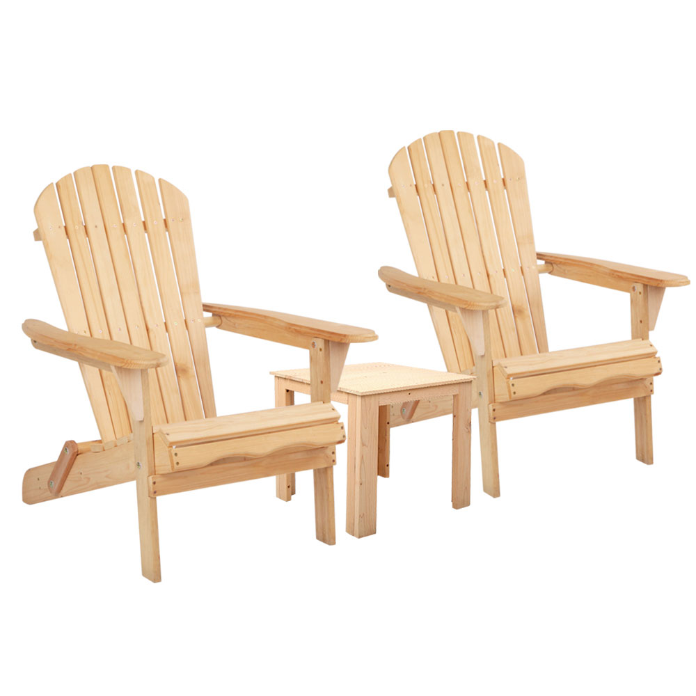 FF-BEACH-SET-3NTL-00 Gardeon 3PC Adirondack Outdoor Table and Chairs Wooden Foldable Beach Chair Natural - Image 1