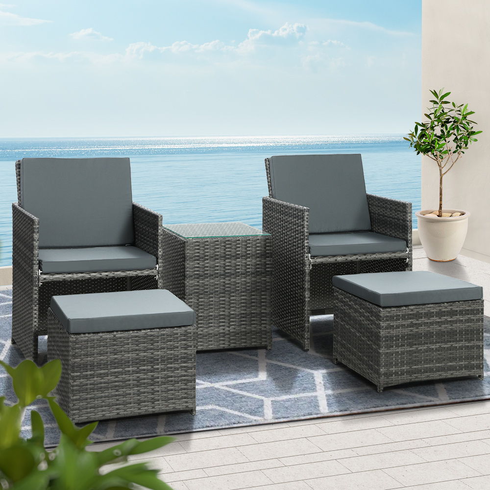 FF-CH-ST-5PCS-GE-202502281612-00 Gardeon 5PC Bistro Set Wicker Table and Chairs Ottoman Outdoor Furniture Grey - Image 1