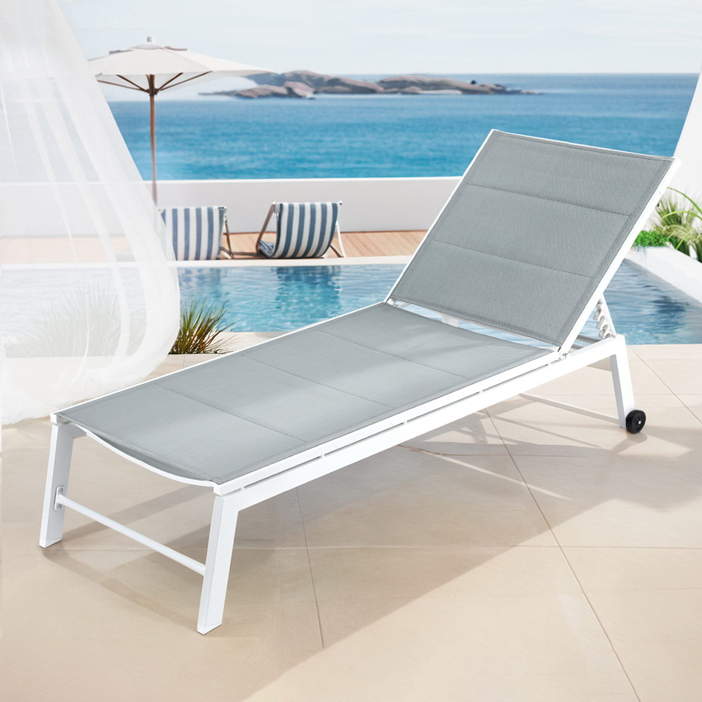 FF-LOUNGE-ALU-WH-194980-06 Gardeon Sun Lounger Chaise Lounge Wheels Patio Furniture Outdoor Setting White - Image 1