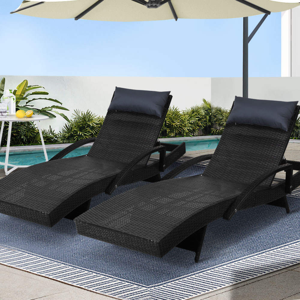 FF-LOUNGE-ARM-P-BKX2-202502281640-00 Gardeon 2x Sun Lounge Wicker Lounger Outdoor Furniture Beach Chair Armrest Adjustable Black - Image 1