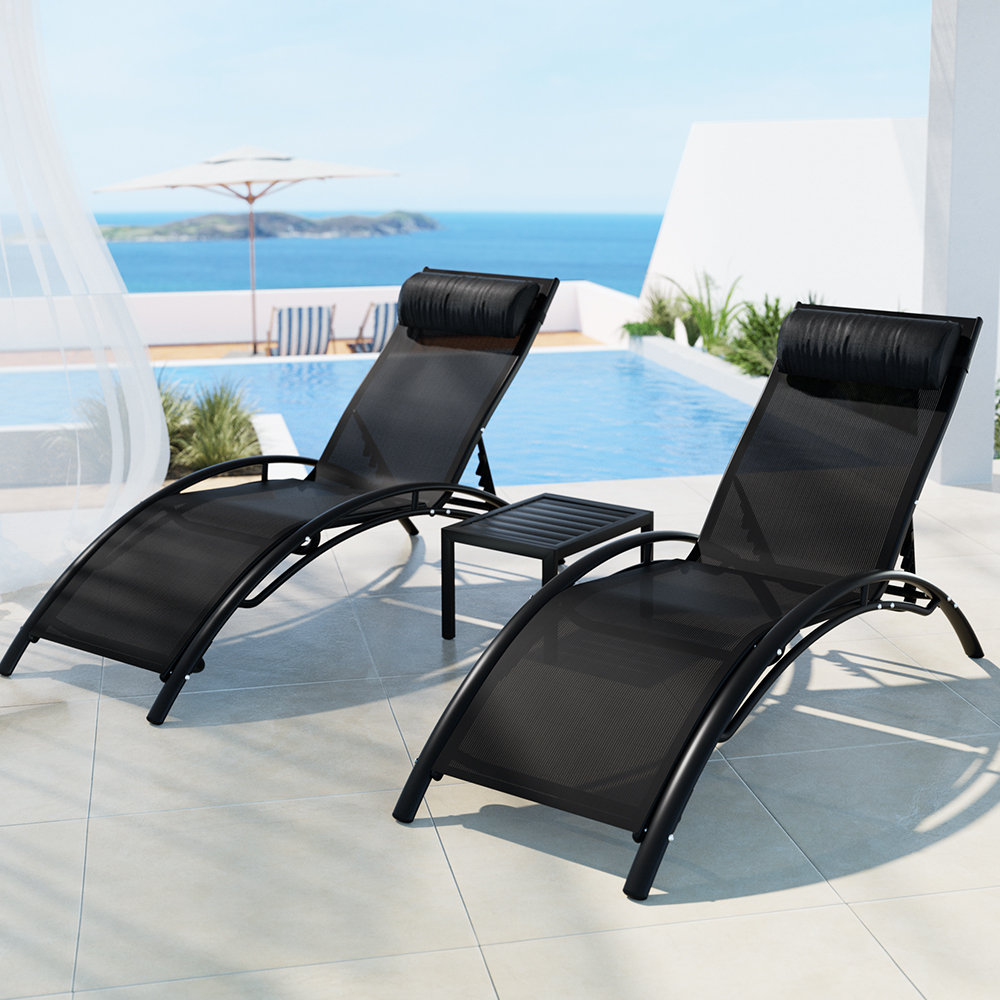 FF-LOUNGE-SL-3PCS-BK-91842-04 Gardeon 3PC Sun Lounge Outdoor Lounger Steel Table Chairs Patio Furniture Garden - Image 1