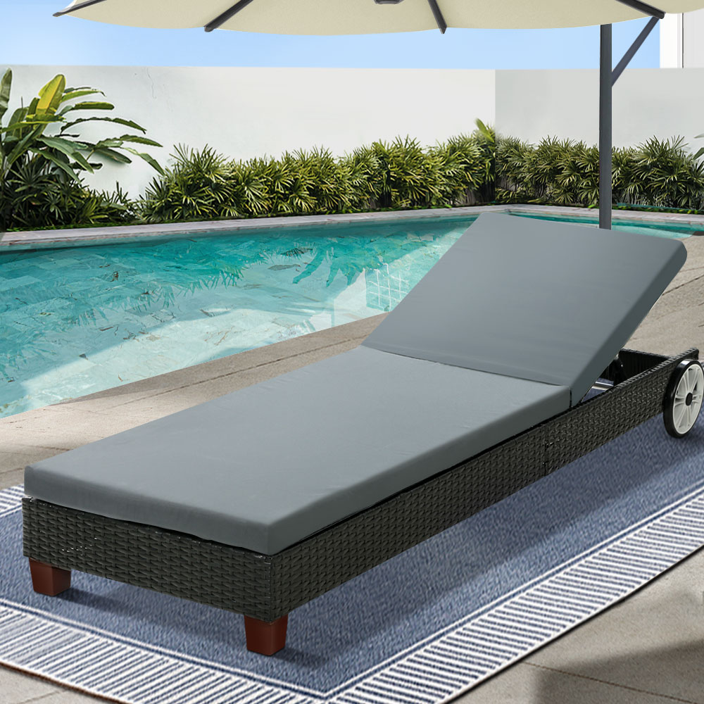 FF-LOUNGE-WD-BK-53258-06 Gardeon Sun Lounge Wicker Lounger Outdoor Furniture Day Bed Wheels Patio Black - Image 1