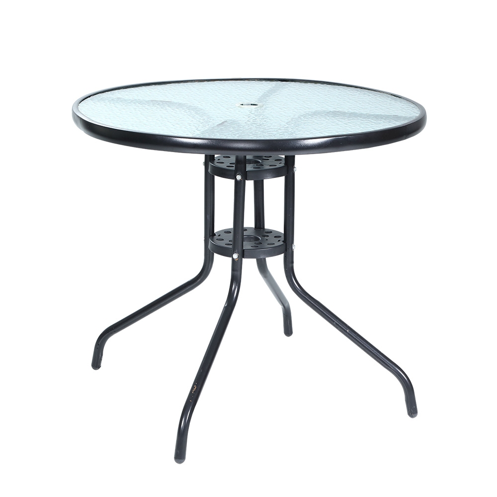 FF-TABLE-GL80-00 Gardeon Outdoor Bar Table Glass Cafe Table Steel Side Parasol Hole - Image 1