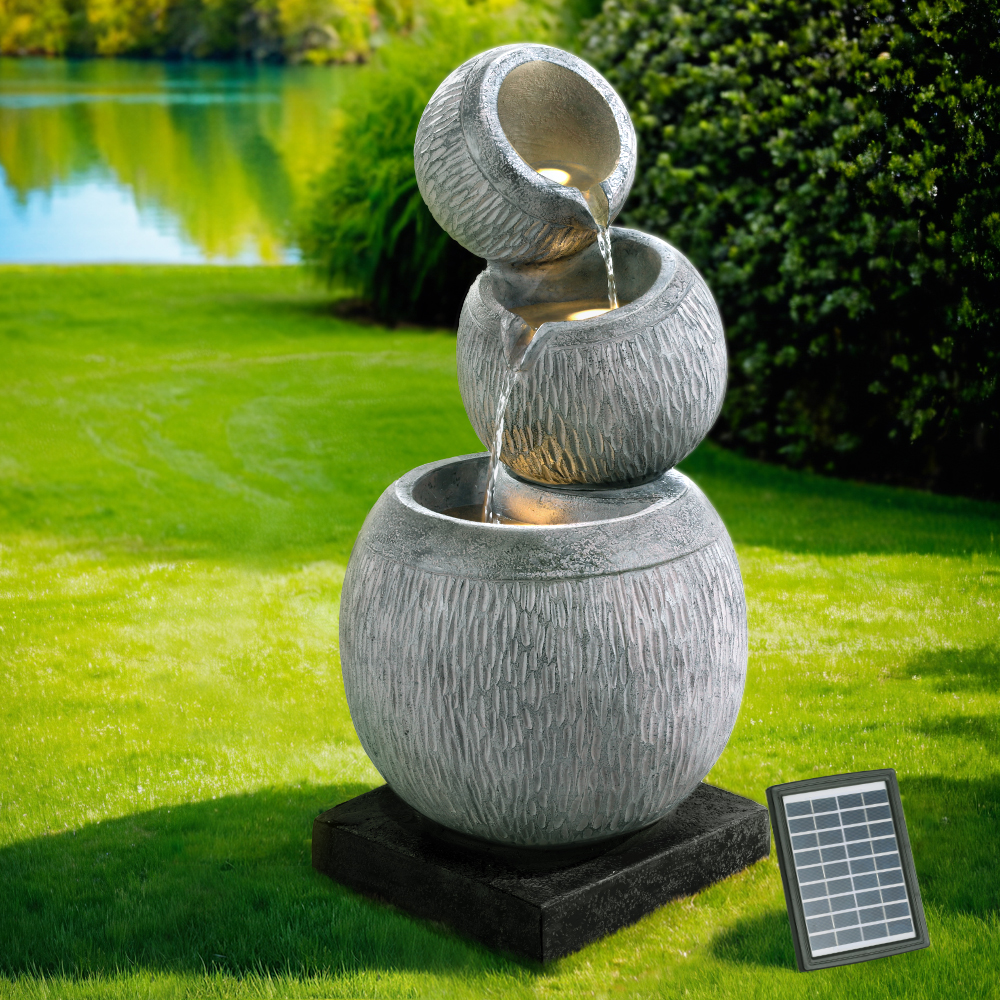 FOUNT-BALL-3LVL-80-GY-183785-06 Gardeon Solar Fountain Water Feature Bird Bath Garden LED Light 80CM Grey - Image 1