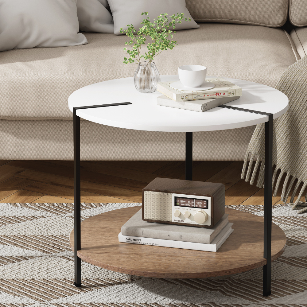 FUR-S-COF04-WHWD-139358-04 Artiss Coffee Table Side Table Round White Cedric - Image 1