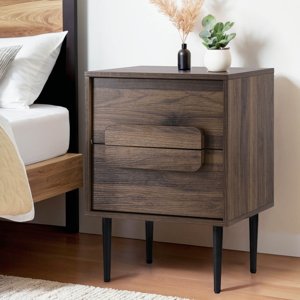 FUR-T-BS-02-WAL-189899-04 Artiss Bedside Table Nightstand 2 Drawers - Walnut - Image 1