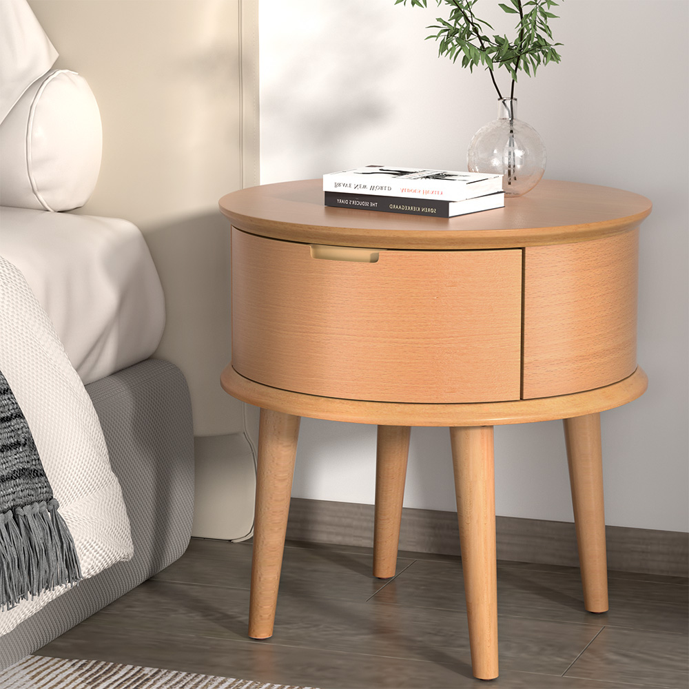FUR-T-BS-RND-WD-98159-06 Artiss Bedside Table Drawers Curved Side End Table Storage Nightstand Oak ENZO - Image 1