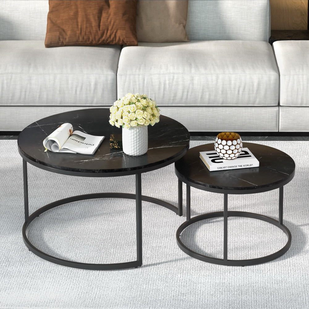 FUR-T-COF-MB-BK-AB-98147-06 Artiss Nesting Coffee Table Set of 2 Marble Effect Tika - Image 1