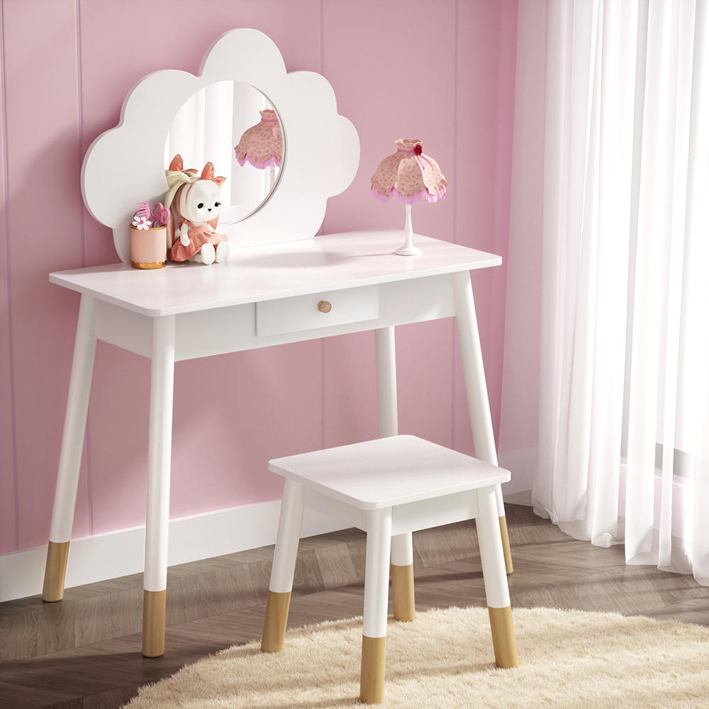 FURNI-C-CLOUD-KDT-WH-139228-06 Keezi Kids Dressing Table Chair Set Vanity Makeup Wooden Leg Mirror Drawer - Image 1