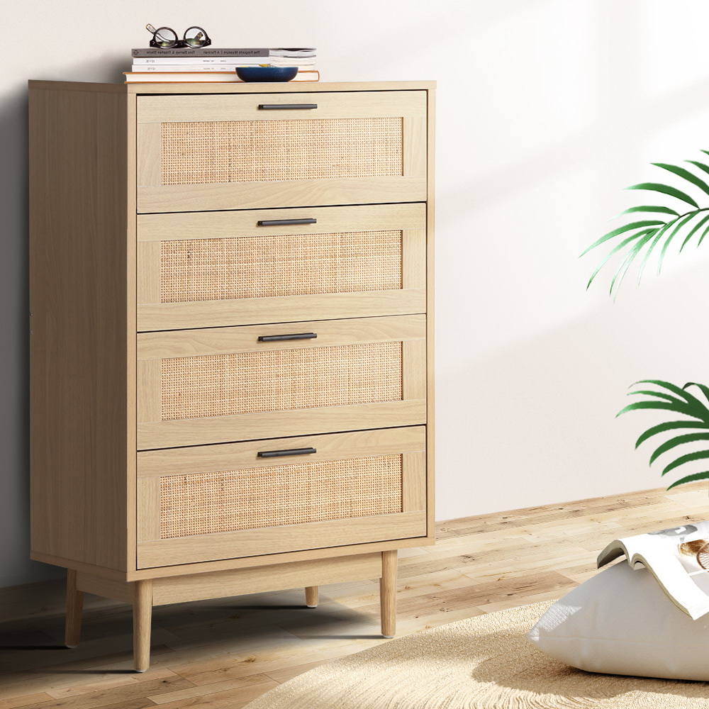 FURNI-E-RAT-CDR-4D-WD-AB-24643-08 Artiss 4 Chest of Drawers Rattan Tallboy Pine - BRIONY - Image 1