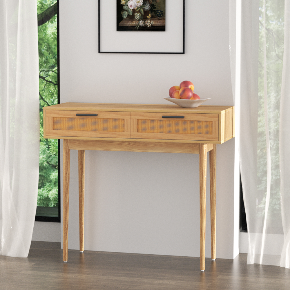 FURNI-E-RAT-TAB90-WD-20971-08 Artiss Console Table 2 Rattan Drawers - Image 1