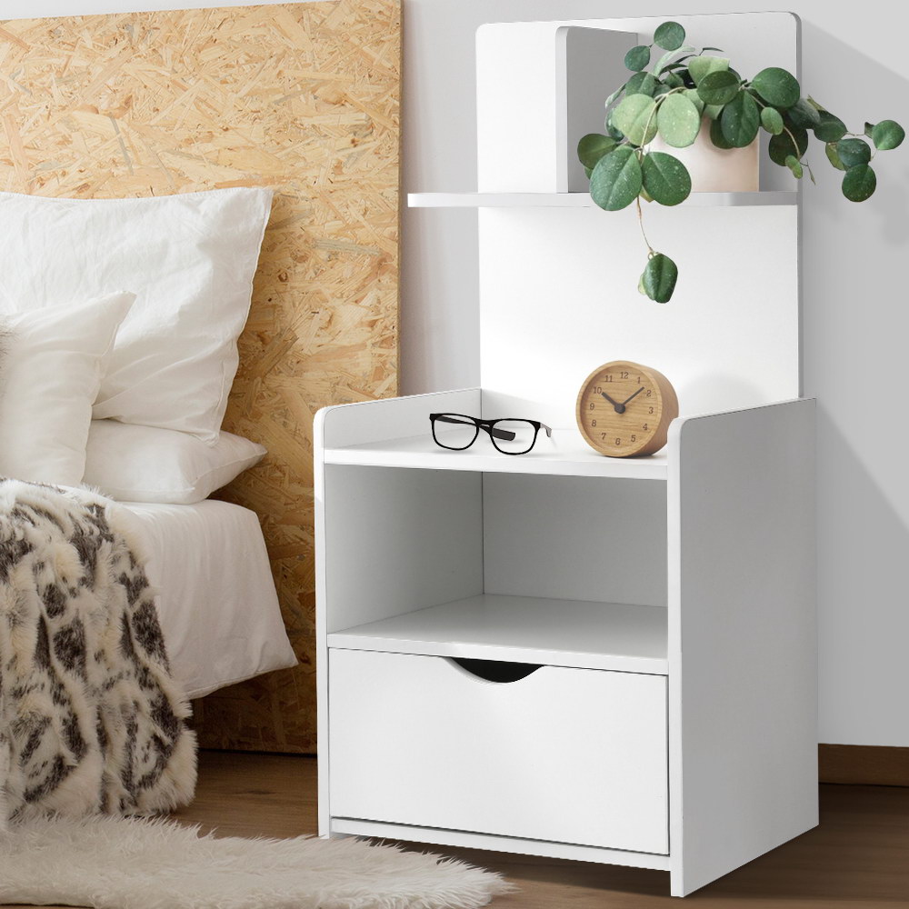 FURNI-G-BSIDE-P16-WH-17643-08 Artiss Bedside Table 1 Drawer with Shelves - EVERMORE White - Image 1