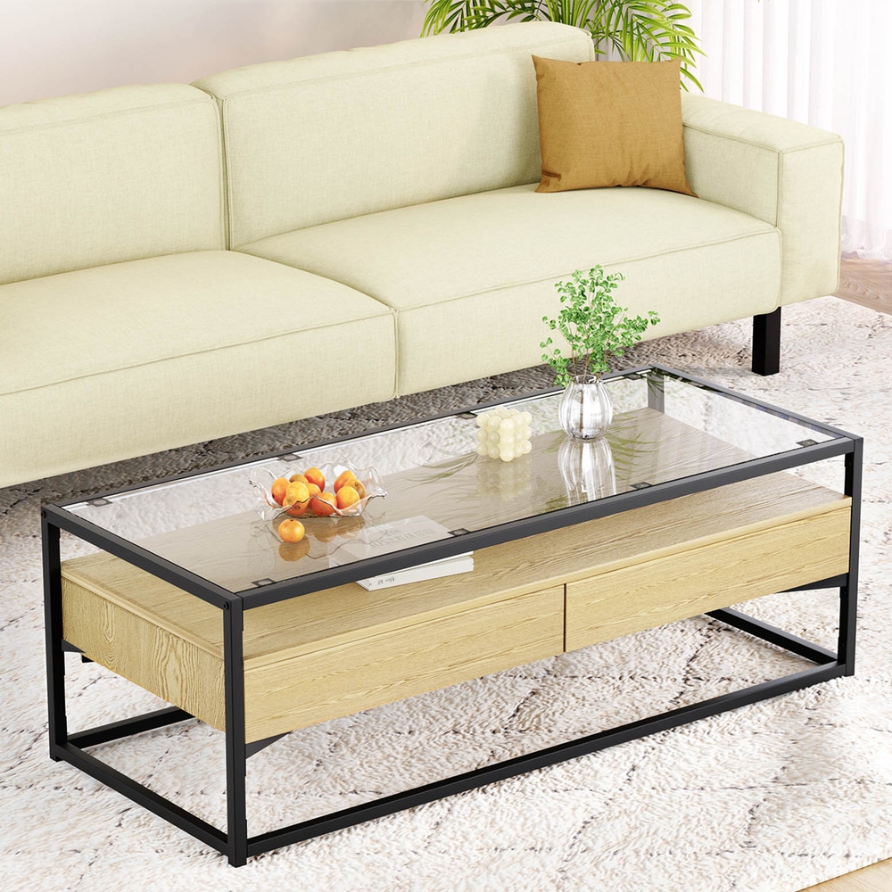 FURNI-G-COF-02-WDBK-174915-06 Artiss Coffee Table 2 Drawers Glass Tabletop Pine - Image 1