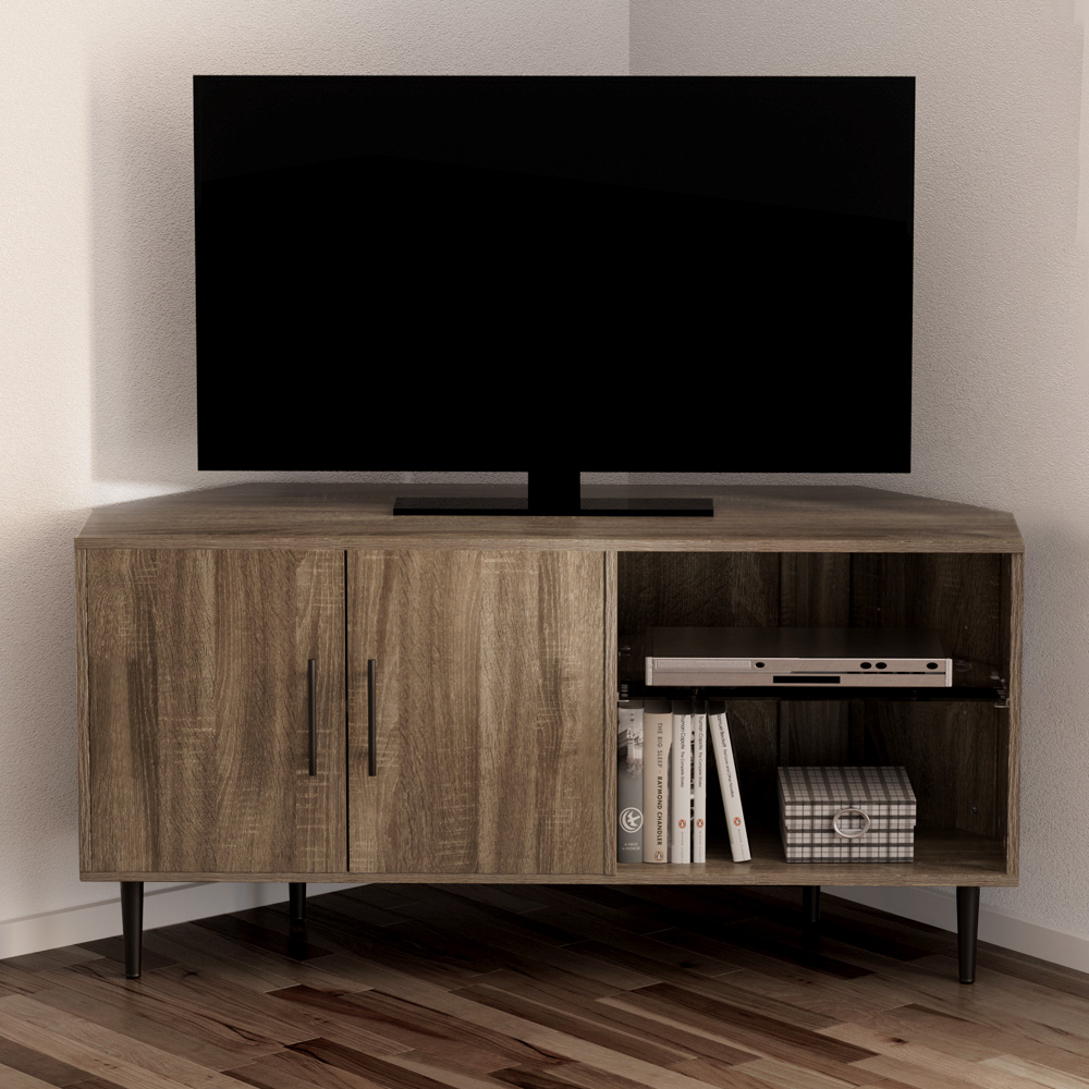 FURNI-L-COR01-TV121-WD-AB-120201-04 Artiss Corner Entertainment Unit Stand TV Cabinet Open Storage Shelf 120CM - Image 1