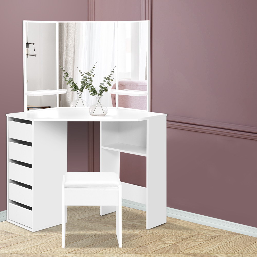 FURNI-L-DRESS01-WH-AB-20206-08 Artiss Dressing Table Stool Set Corner 5 Drawers White - Image 1