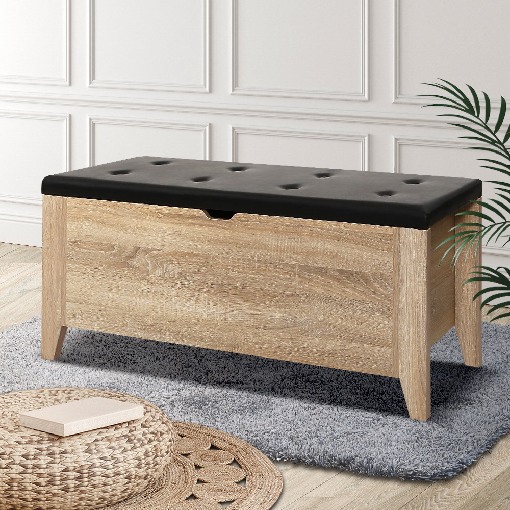 FURNI-L-OTM01-OAK-202502281256-00 Artiss Storage Ottoman Blanket Box Leather Oak - Image 1