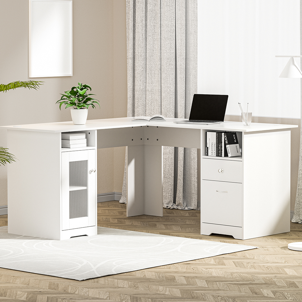FURNI-Q-DESK-L-WH-ABC-91821-04 Artiss Computer Desk Shelf Cabinet L-Shape White 150CM - Image 1