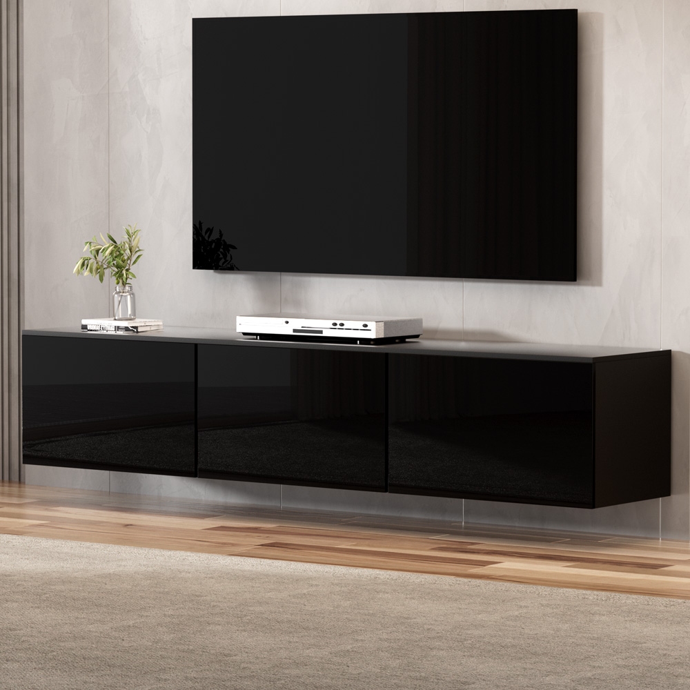FURNI-Q-FL01-TV200-BK-AB-98155-06 Artiss Floating Entertainment Unit TV Cabinet High Glossy Black 3 Cabinets 200CM - Image 1