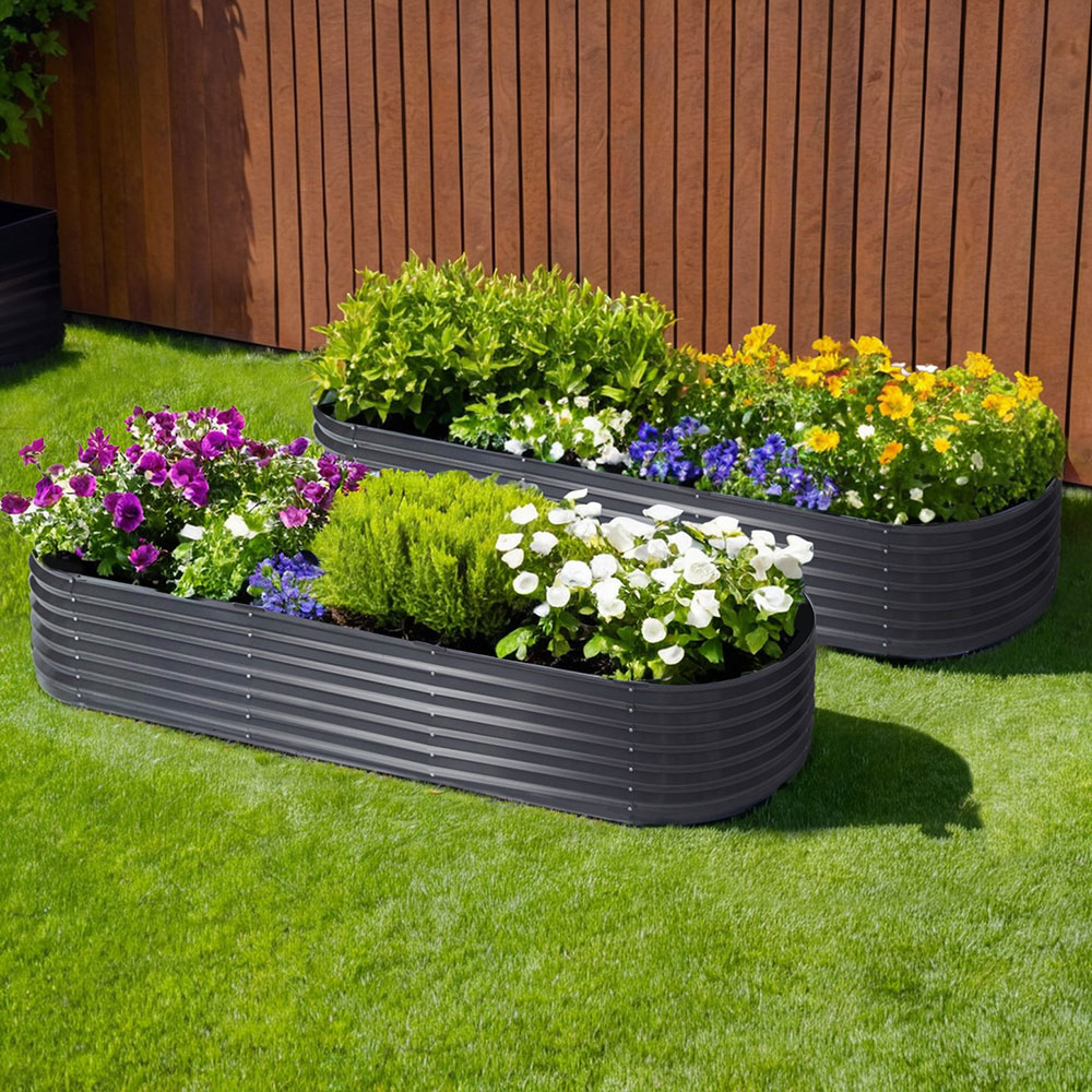 GARDEN-OVAL-2408042X2-215092-06 2x Raised Green Fingers Garden Bed 240X80X42cm Oval Planter Box Container Galvanised - Image 1