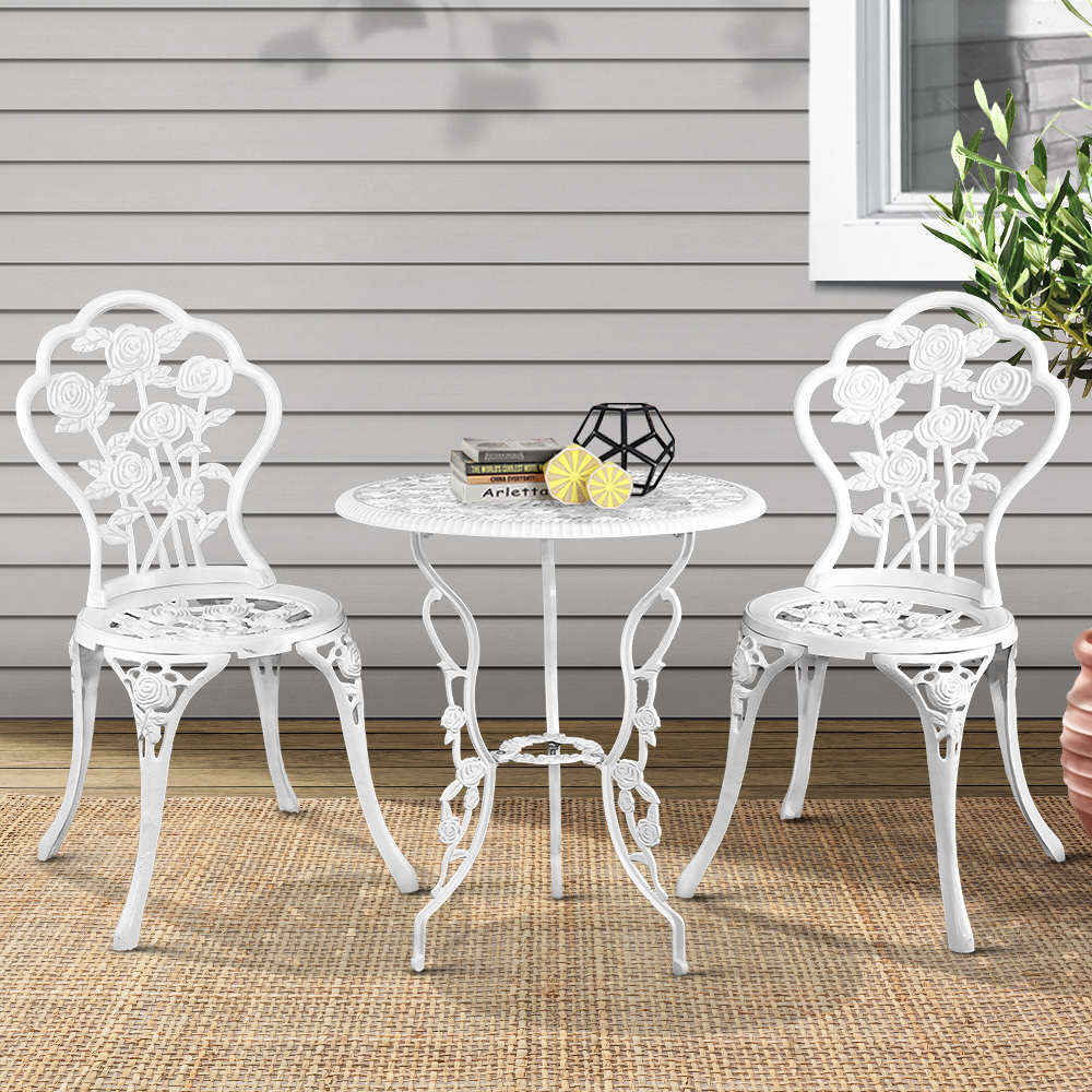 GB-CALU-3PC-XG1015-WH-202502281612-00 Gardeon 3PC Outdoor Setting Bistro Set Chairs Table Cast Aluminum Patio Furniture Rose White - Image 1