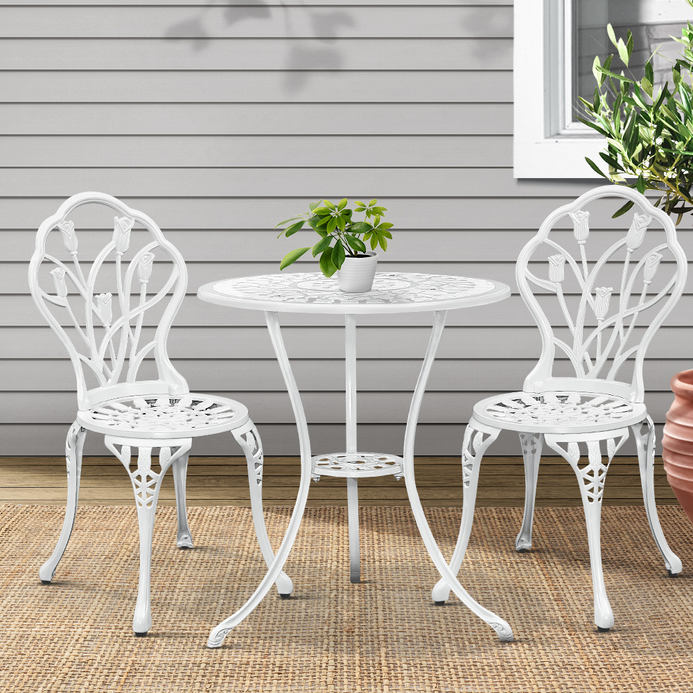 GB-CALU-3PC-XG1018-WH-202502281614-00 Gardeon 3PC Outdoor Setting Bistro Set Chairs Table Cast Aluminum Patio Furniture Tulip White - Image 1