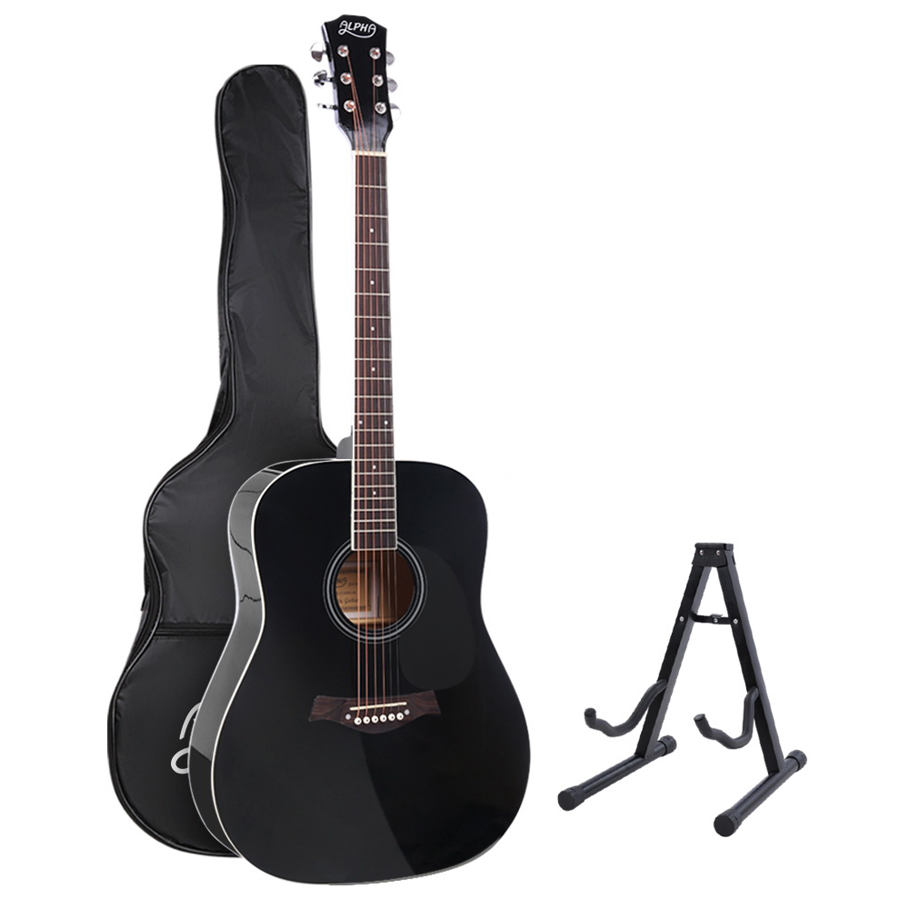 GUITAR-D-41-BK-CAPO-17077-00 Alpha 41 Inch Acoustic Guitar Wooden Body Steel String Dreadnought Stand Black - Image 1