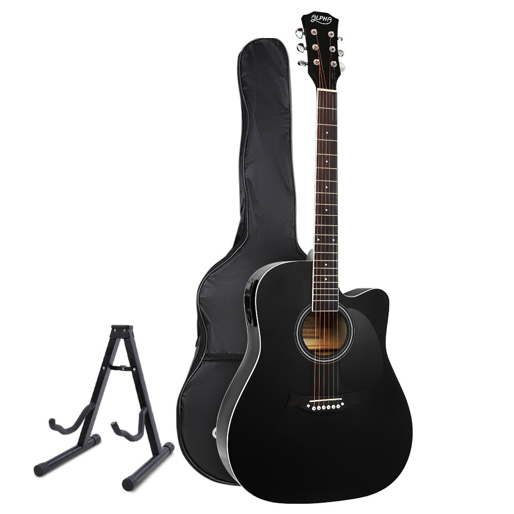 GUITAR-D-41-EQ-BK-CAPO-18362-00 Alpha 41 Inch Acoustic Guitar Equaliser Electric Output Cutaway w/ Stand Black - Image 1