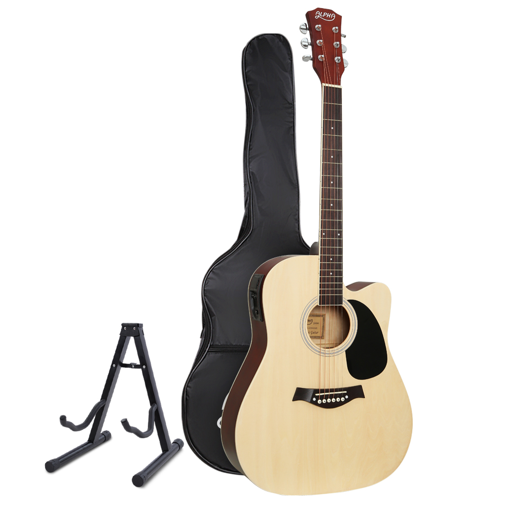 GUITAR-D-41-EQ-NAT-CAPO-18940-00 Alpha 41 Inch Acoustic Guitar Equaliser Electric Output Cutaway w/ Stand Wood - Image 1