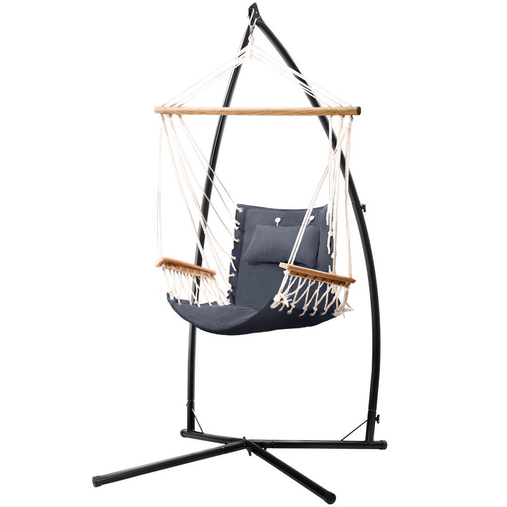 HM-CHAIR-ARM-GREY-X-39757-00 Gardeon Hammock Chair with Steel Stand Armrest Outdoor Hanging Grey - Image 1