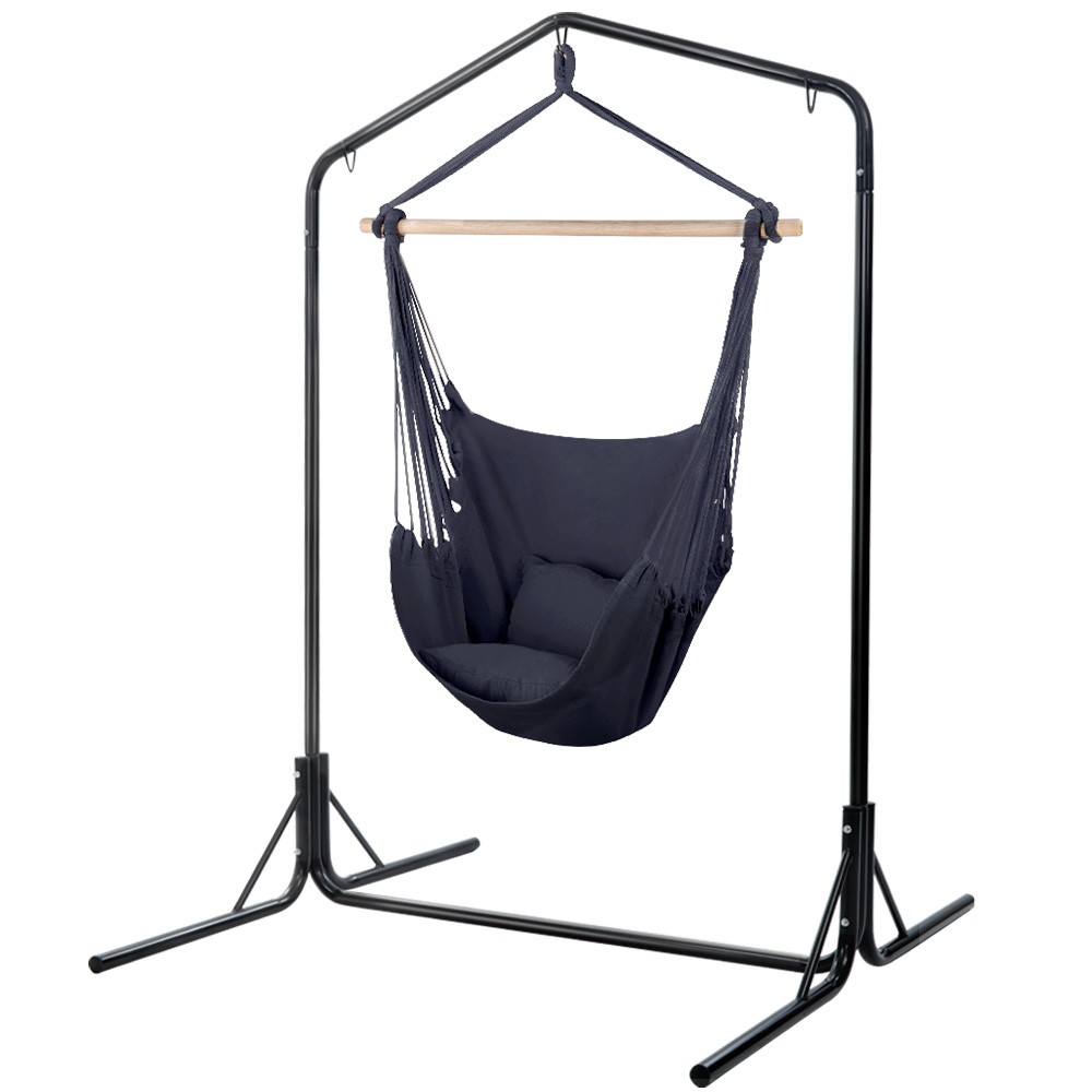 HM-CHAIR-PILLOW-GREY-U-00 Gardeon Outdoor Hammock Chair with Stand Swing Hanging Hammock with Pillow Grey - Image 1