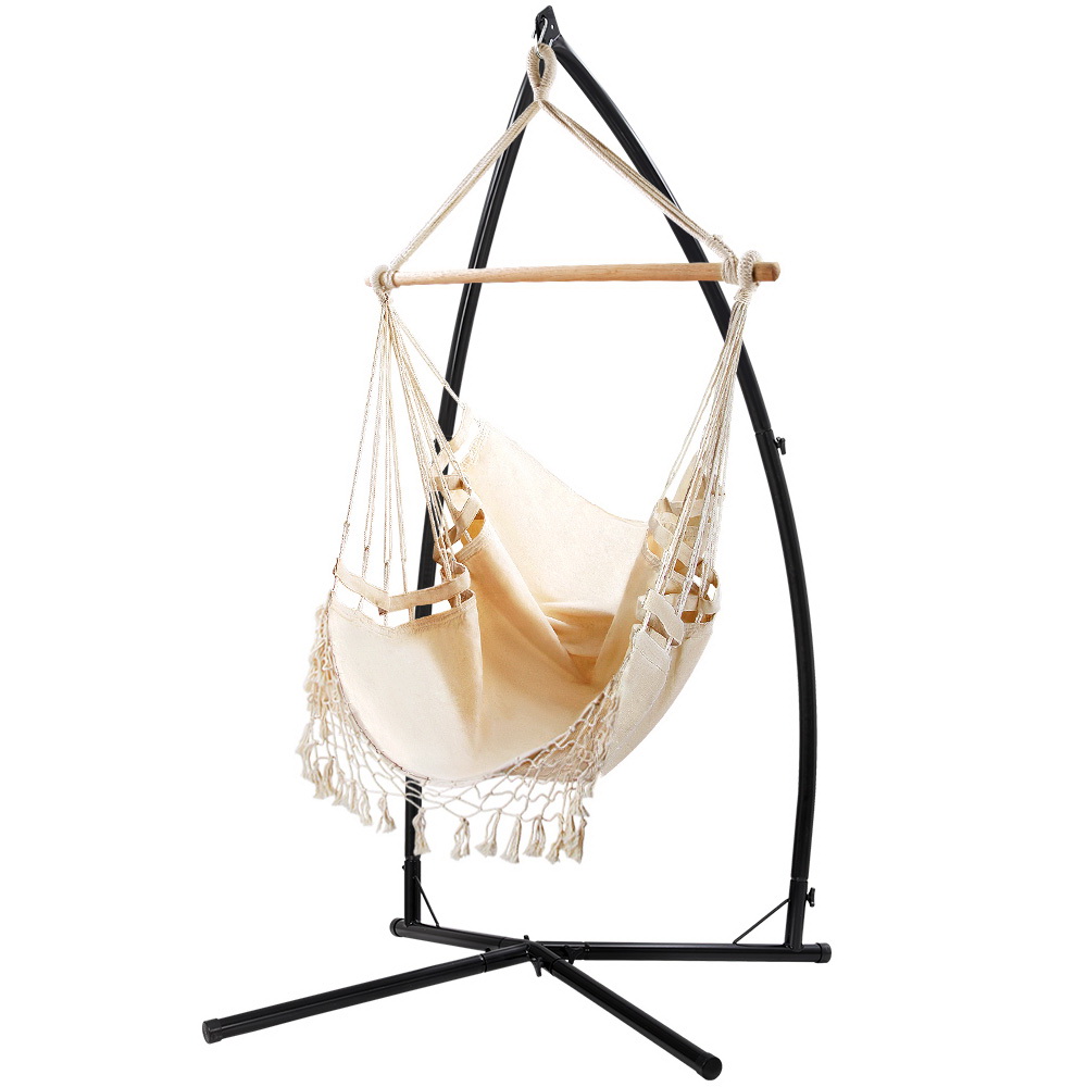 HM-CHAIR-TASSEL-CREAM-X-39772-00 Gardeon Hammock Chair with Steel Stand Hanging Outdoor Tassel Cream - Image 1