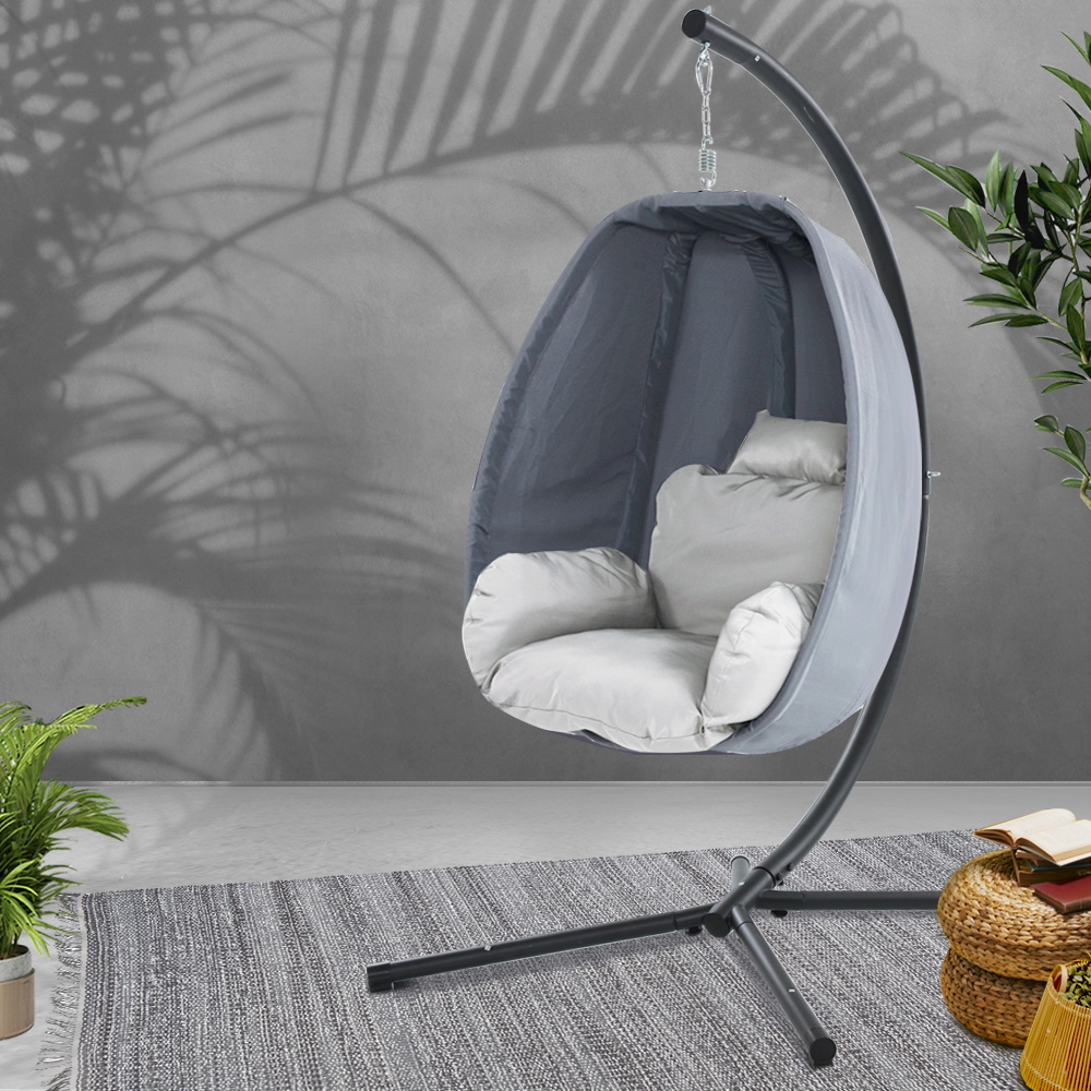 HM-EGG-FOLD-S-GREY-202502281544-00 Gardeon Outdoor Egg Swing Chair Patio Furniture Pod Stand Canopy Foldable Grey - Image 1