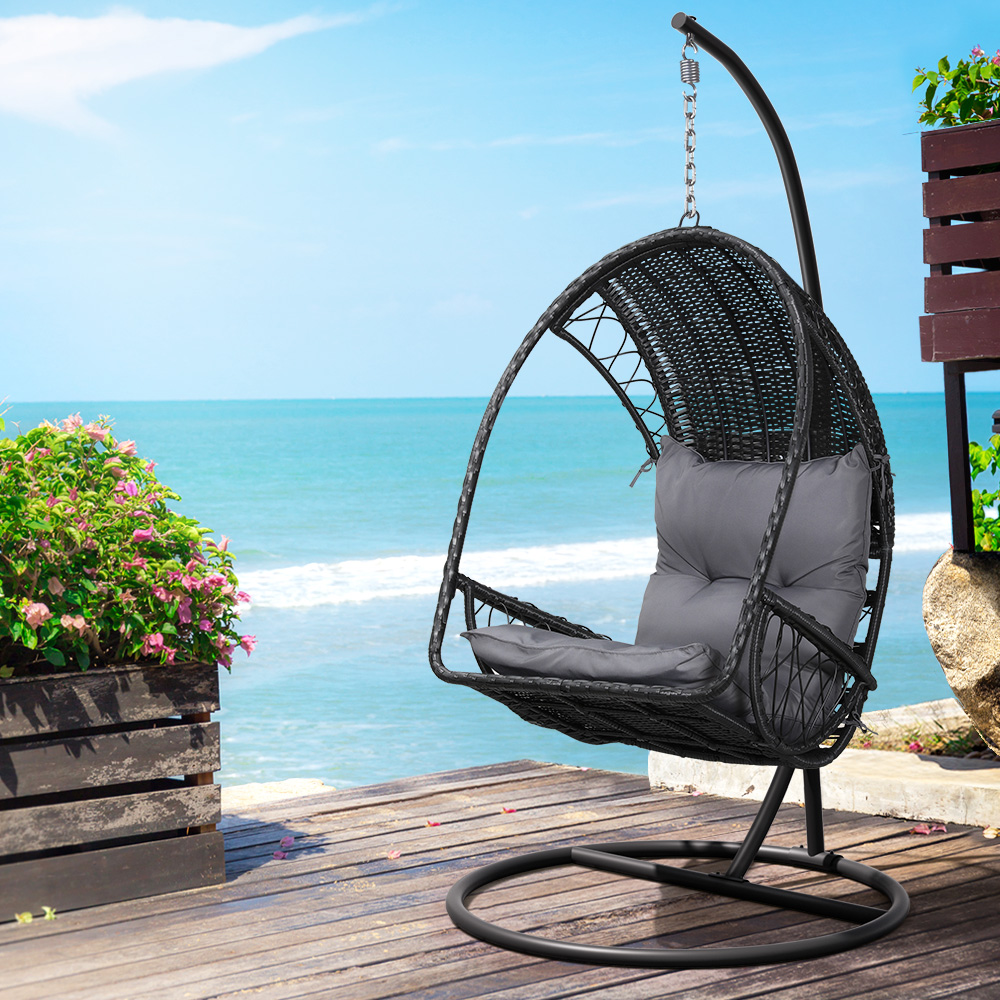 HM-EGG-RAN-S-ARM-BK-90955-04 Gardeon Outdoor Egg Swing Chair Wicker Furniture Pod Stand Armrest Black - Image 1