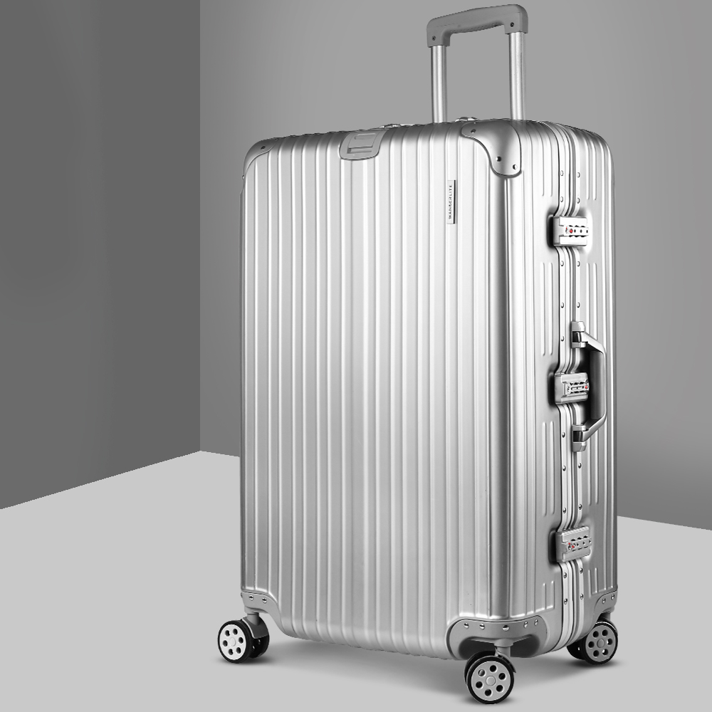 LUG-ALU-28-SILVER-14355-07 Wanderlite 28 Inch Luggage with TSA Lock Stainless�Steel�Wrapped�Corners Hard Shell Travel Suitcase Luggage Case Silver - Image 1