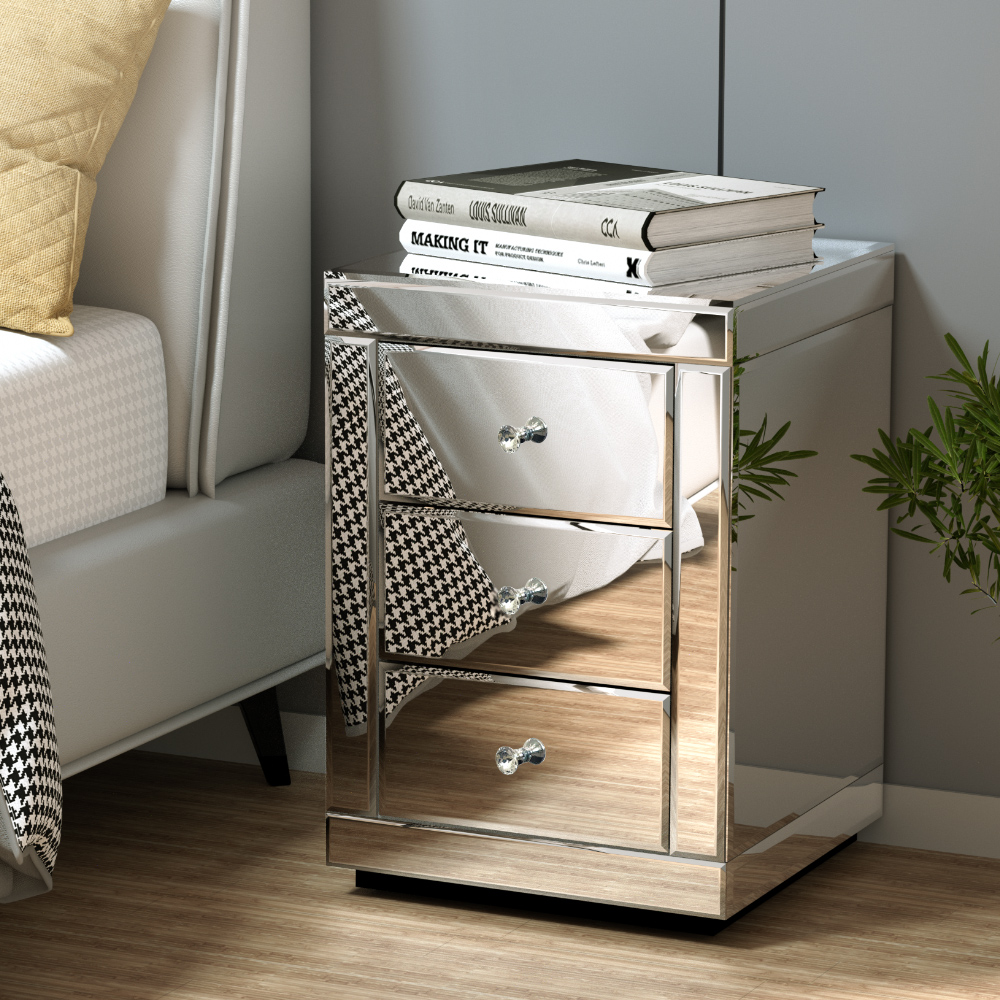 MF-BT-7181-SR-16813-07 Artiss Bedside Table 3 Drawers Mirrored - PRESIA Silver - Image 1