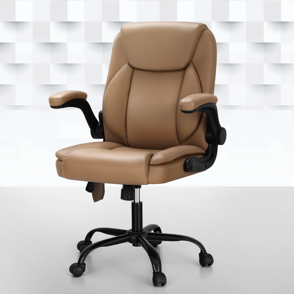 MOC-C-FZ40-2P-EP-150704-06 Artiss 2 Point Massage Office Chair Leather Mid Back Brown - Image 1