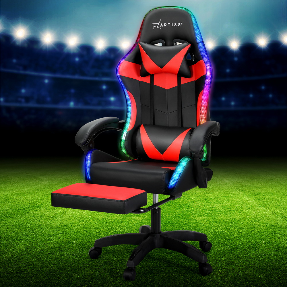MOC-GC-6P-LED-BK-RD-151226-06 Artiss 6 Point Massage Gaming Office Chair 7 LED Footrest Red - Image 1