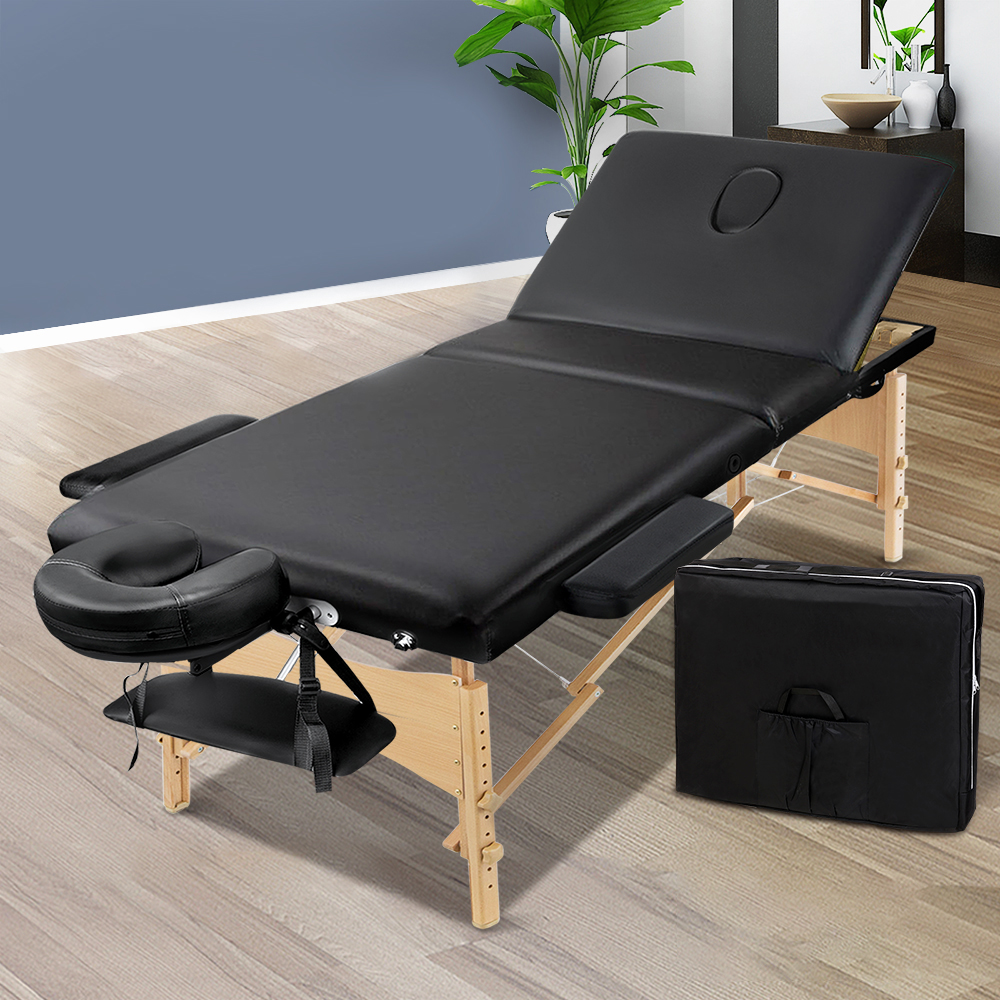 MT-WOOD-F3-BLACK-75-202502281952-00 Zenses Massage Table 75cm Portable 3 Fold Wooden Beauty Bed Black - Image 1