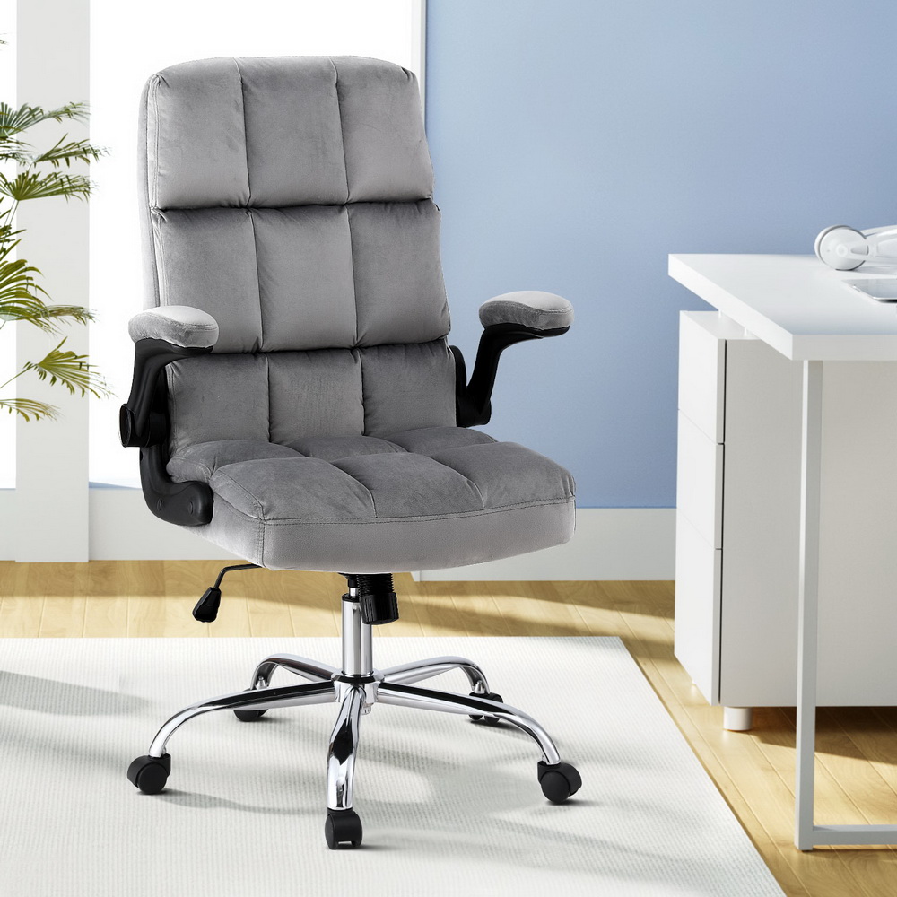 OCHAIR-H-FZ40-GY-210284-06 Artiss Office Chair Velvet Seat Racing Gaming Computer Desk Chairs Armrest Grey - Image 1