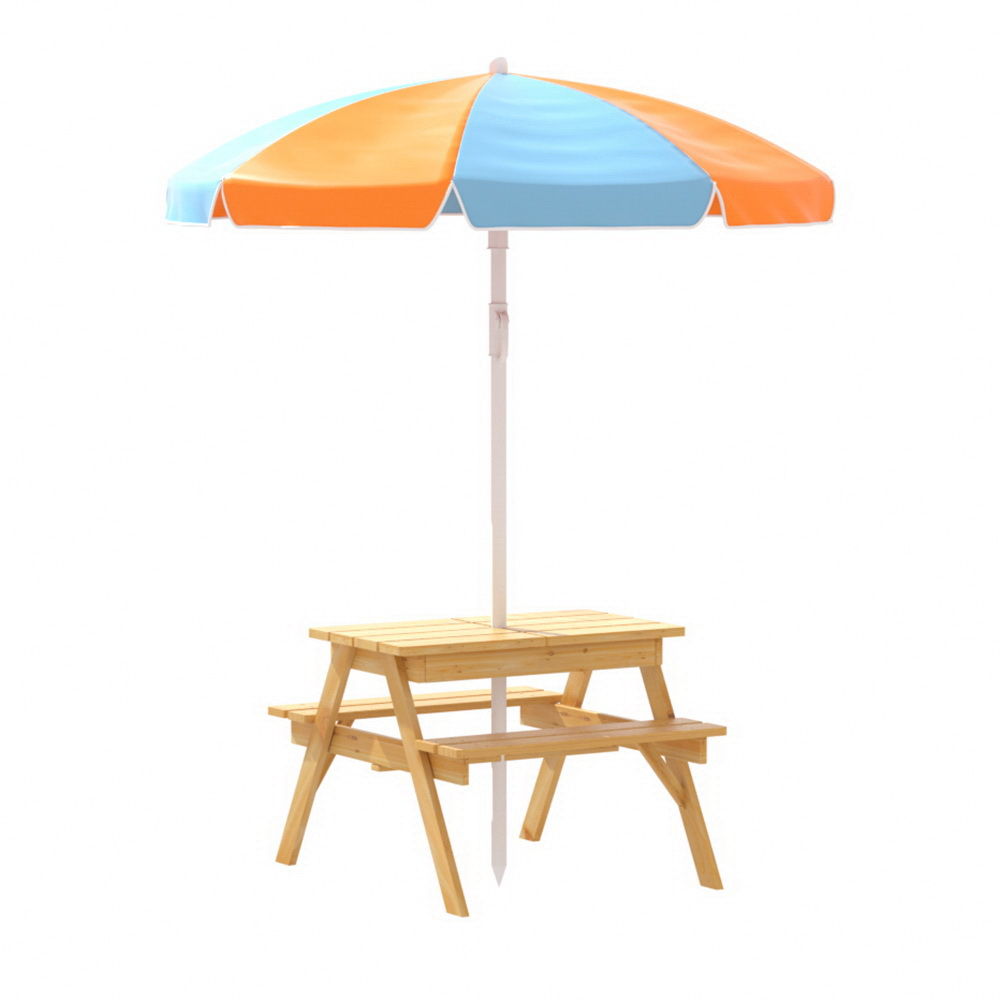 ODF-B-KID-PICNIC-UM-NAT-00 Keezi Kids Outdoor Table and Chairs Picnic Bench Umbrella Set Water Sand Pit Box - Image 1