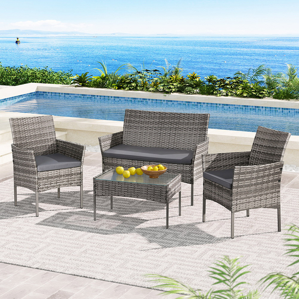 ODF-B-PATIO-17007-GR-AB-160046-04 Gardeon 4 Seater Outdoor Sofa Set Wicker Setting Table Chair Furniture Grey - Image 1